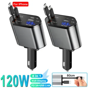 4 IN 1 Car Phone Charger 120W Type C 66W+2.4A C…